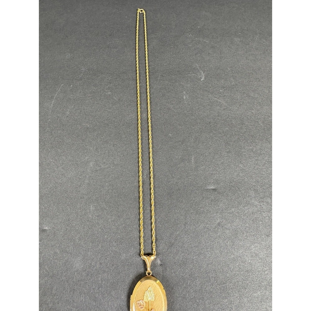 Vintage Oval Locket Necklace 10K Gold Trim Tri Color Leaf Photo Pendant - Picture 2 of 9